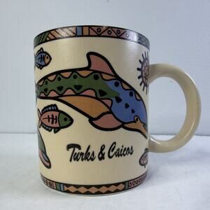Vintage Ocean Turks & Caicos Islands Geometric Fish Dolphins 10 Oz Coffee Mug